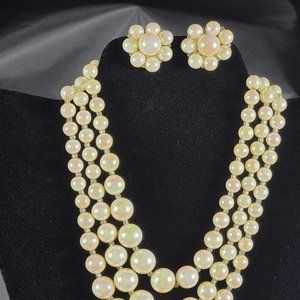 Triple Strand Faux Pearl Necklace and matching Clip Earrings Marked Japan